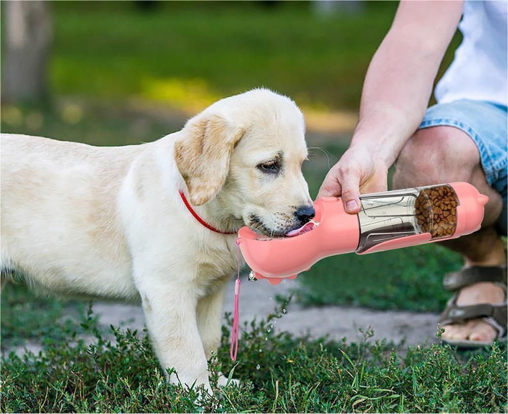 Portable 3-in-1 Pet Water Bottle with Food Box, 500ml Pink