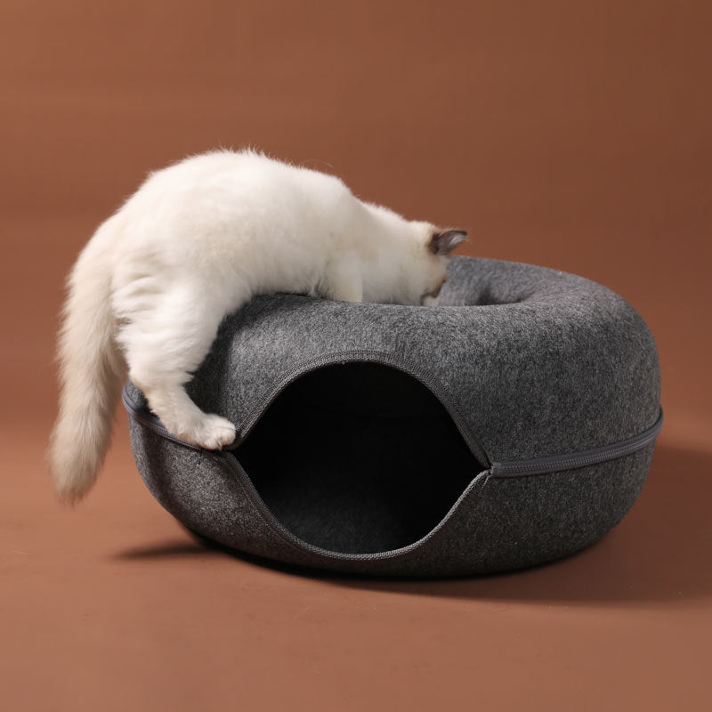 Round Felt Cat Nest and Tunnel, Dual-Use Washable Design