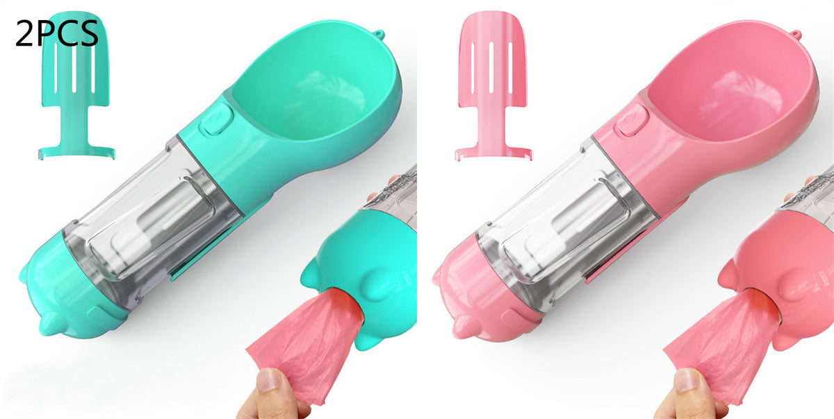 Portable 3-in-1 Pet Water Bottle with Food Box, 500ml Pink