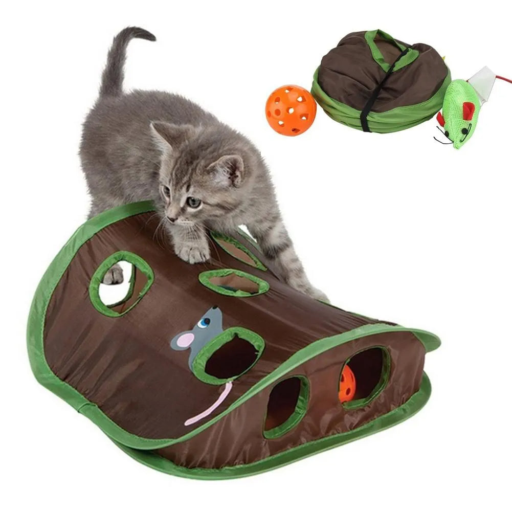 Nine-Hole Foldable Cat Hide and Seek Tunnel Toy, Green