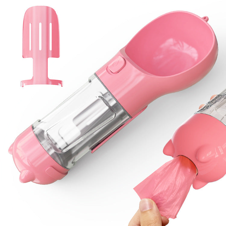 Portable 3-in-1 Pet Water Bottle with Food Box, 500ml Pink