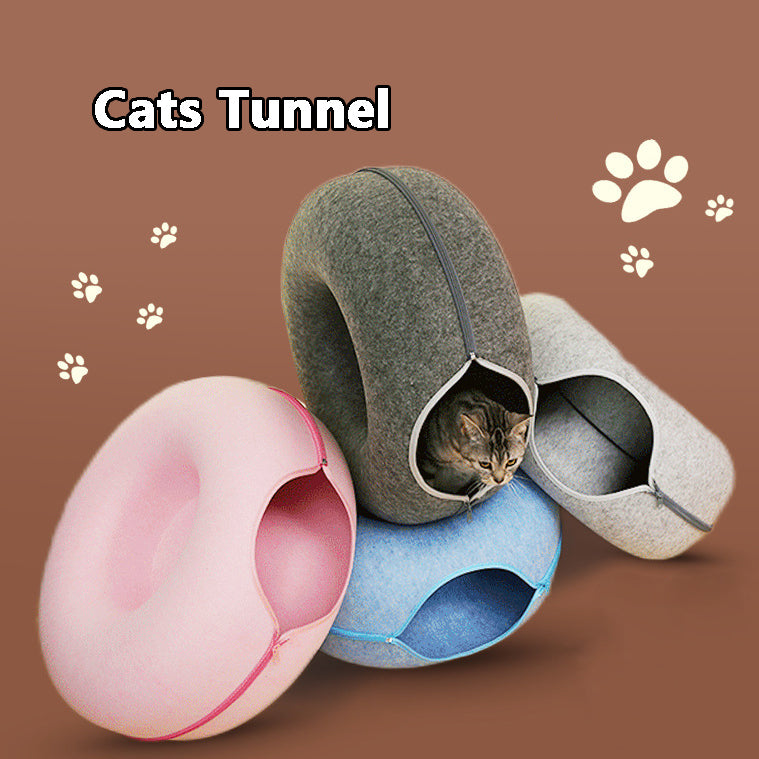 Round Felt Cat Nest and Tunnel, Dual-Use Washable Design